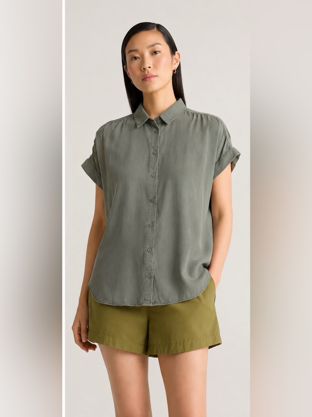 Quince Womens Vintage Wash Tencel Camp Shirt Olive Small Oversized